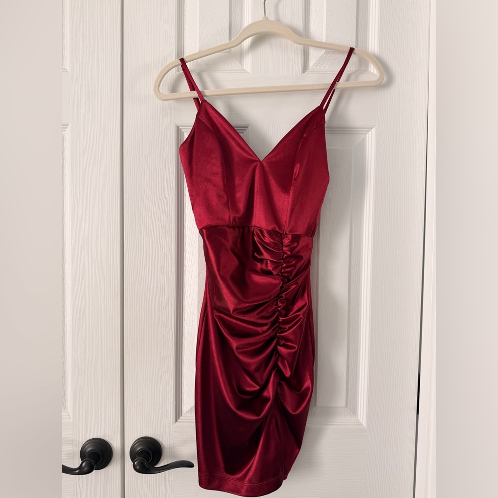 Honey and Rosie Mini Dress - V-Neck, ruffle, satin - color Wine